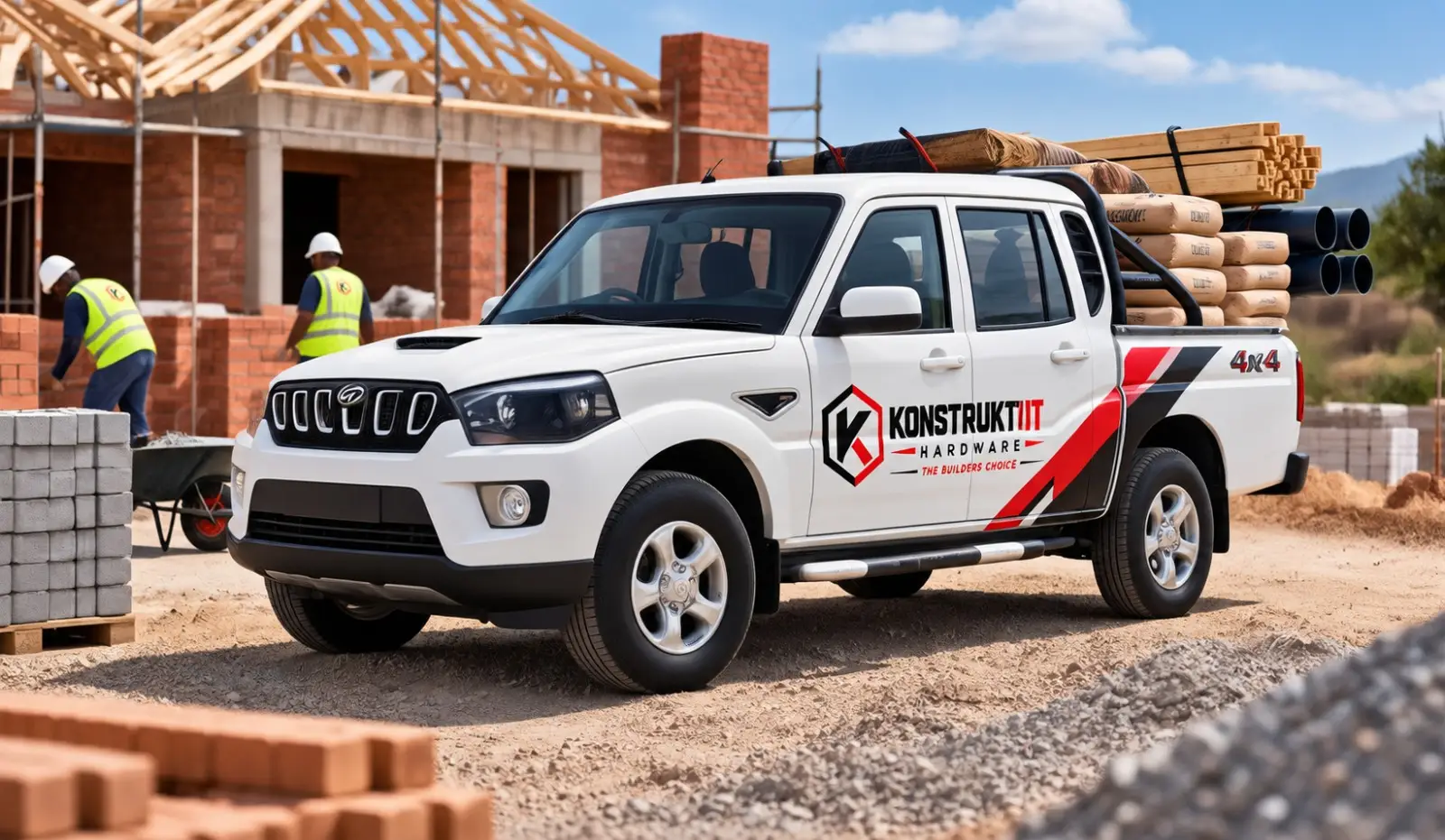 KonstruktIt bakkie loaded with building supplies on a construction site