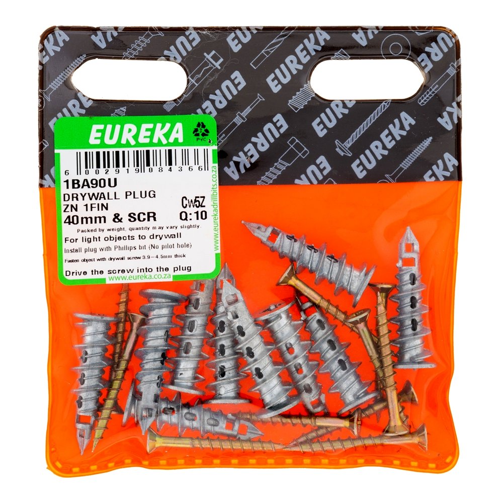 Eureka Drywall Plug, Zinc, 40mm with Screw – 10 Pack