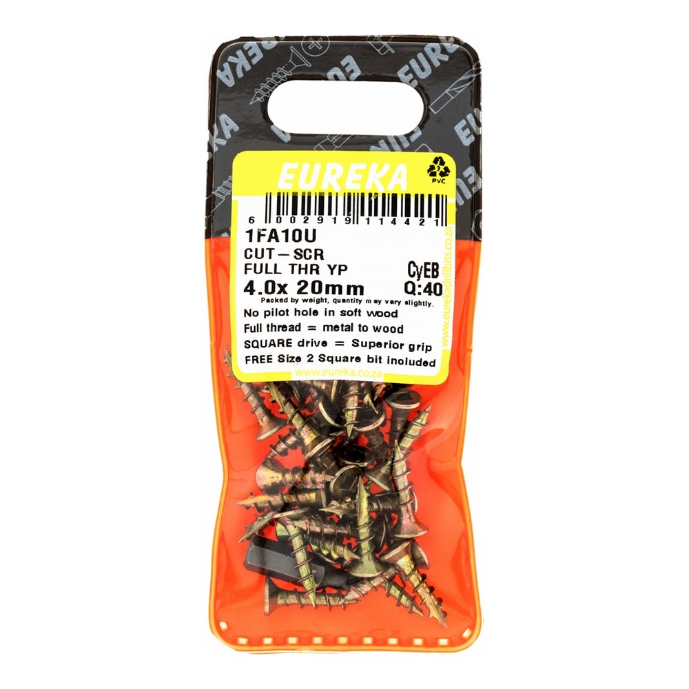 Eureka Cut-Screw, Full Thread, Square Drive, Yellow Passivated – 4 x 20mm – pack of 40