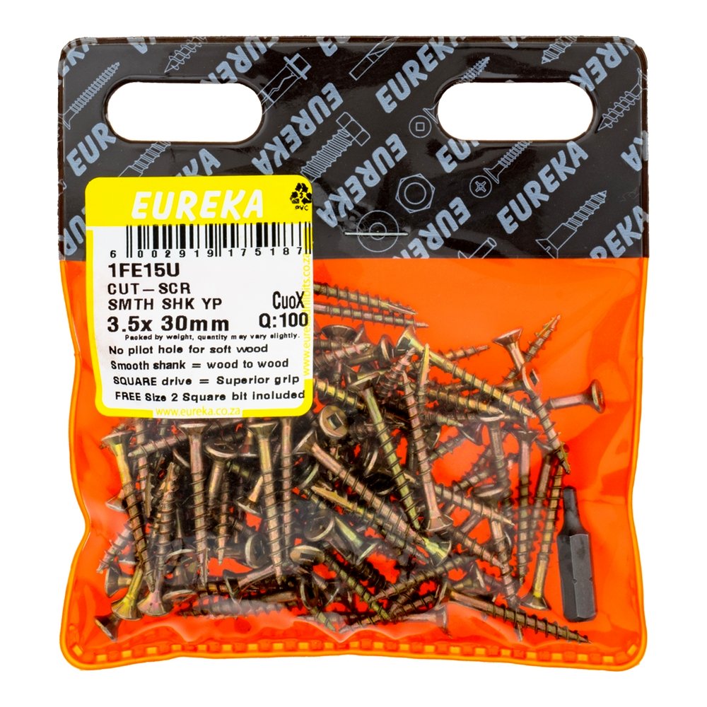 Eureka Cut-Screw, Smooth Shank, Square Drive – 3.5 x 30mm – pack of 100