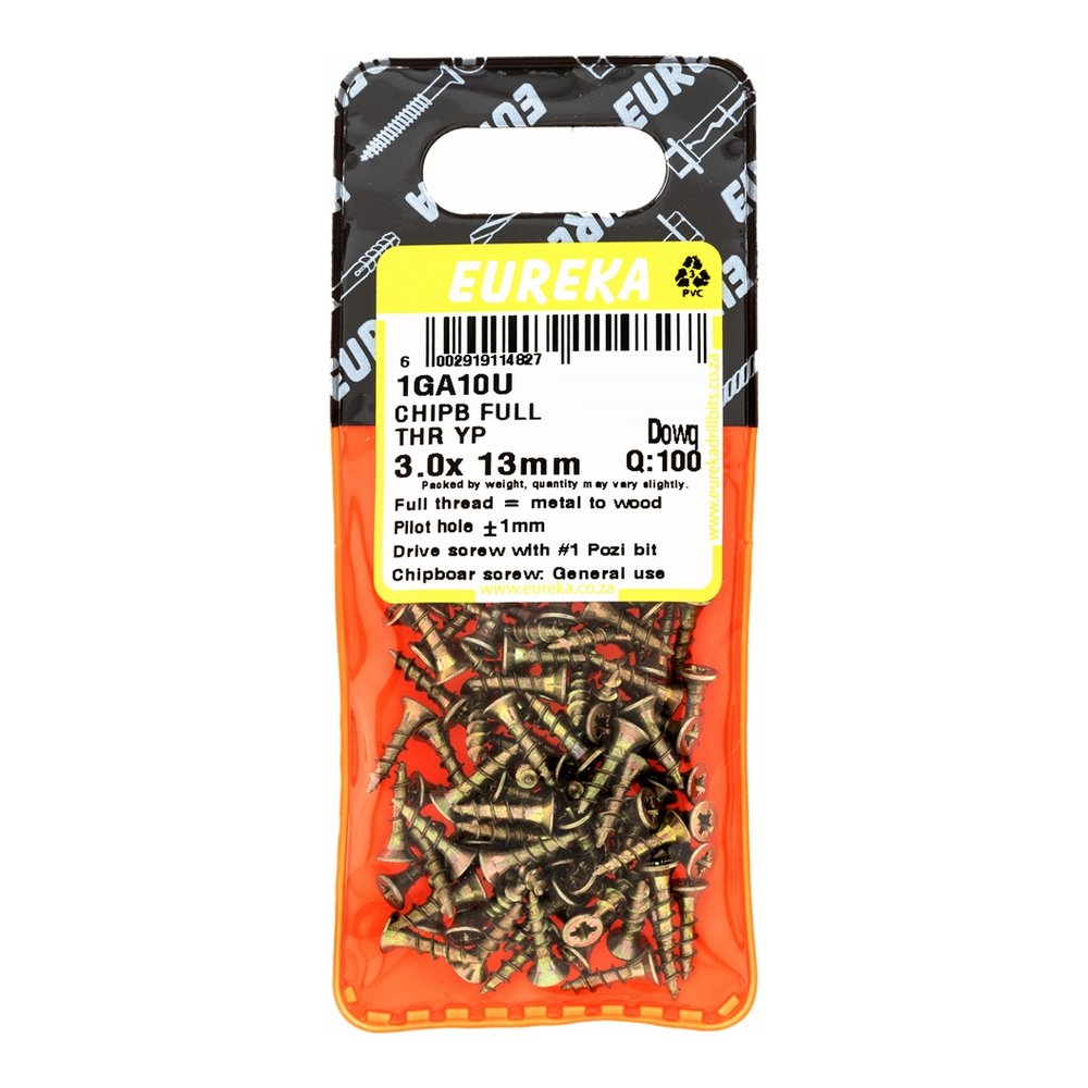 Eureka Chipboard Screw, Full Thread, Pozi, Yellow Passivated – 3 x 13mm – pack of 100