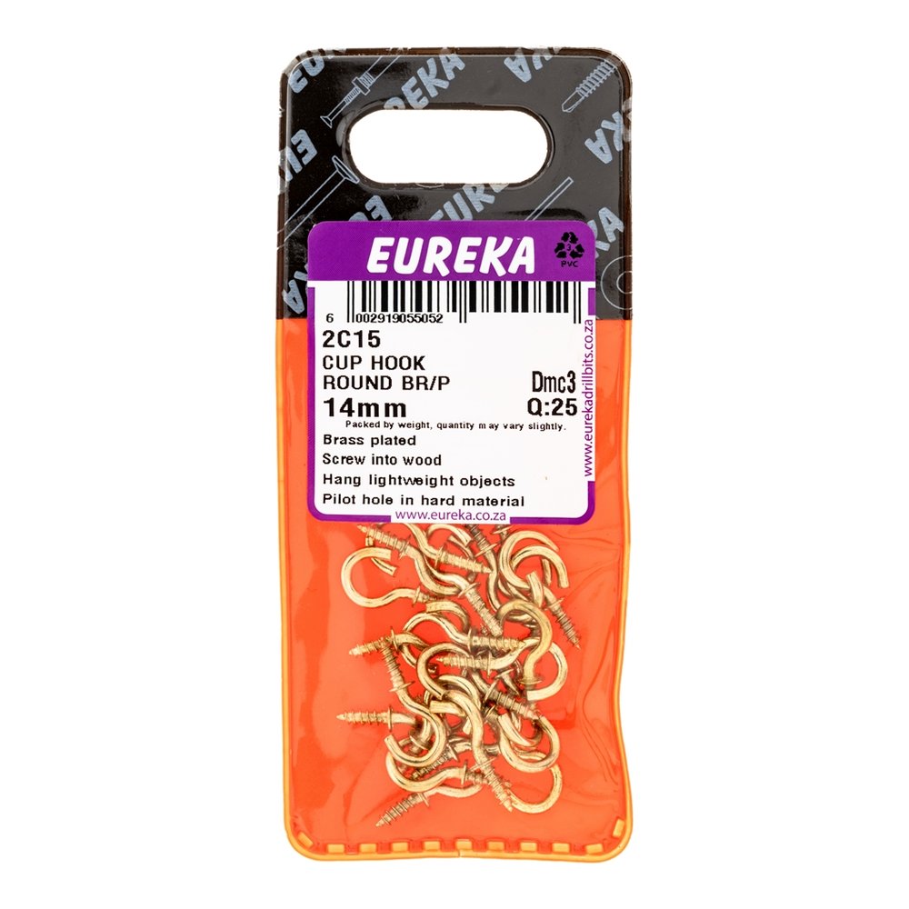 Eureka Cup Hook, Round, Brass Plated – 14mm – pack of 25