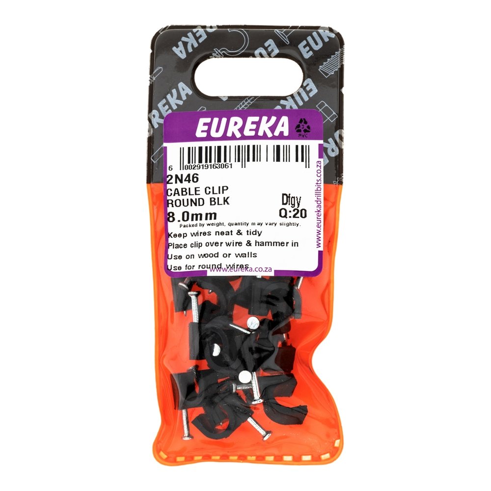 Eureka Cable Clip, Round, Black, 8mm – 20 Pack
