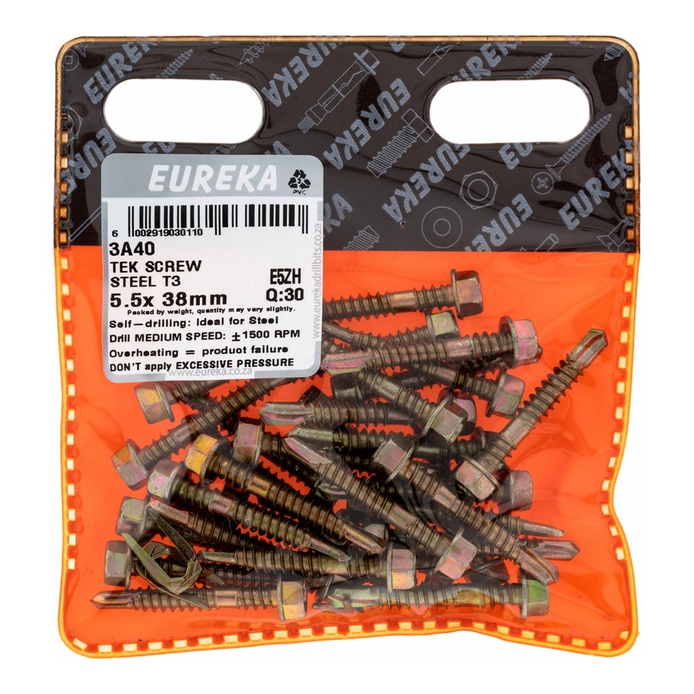 Eureka Tek Screw for Metal, T3 Tip, Dual Thread 5.5 x 38mm – 30 Pack