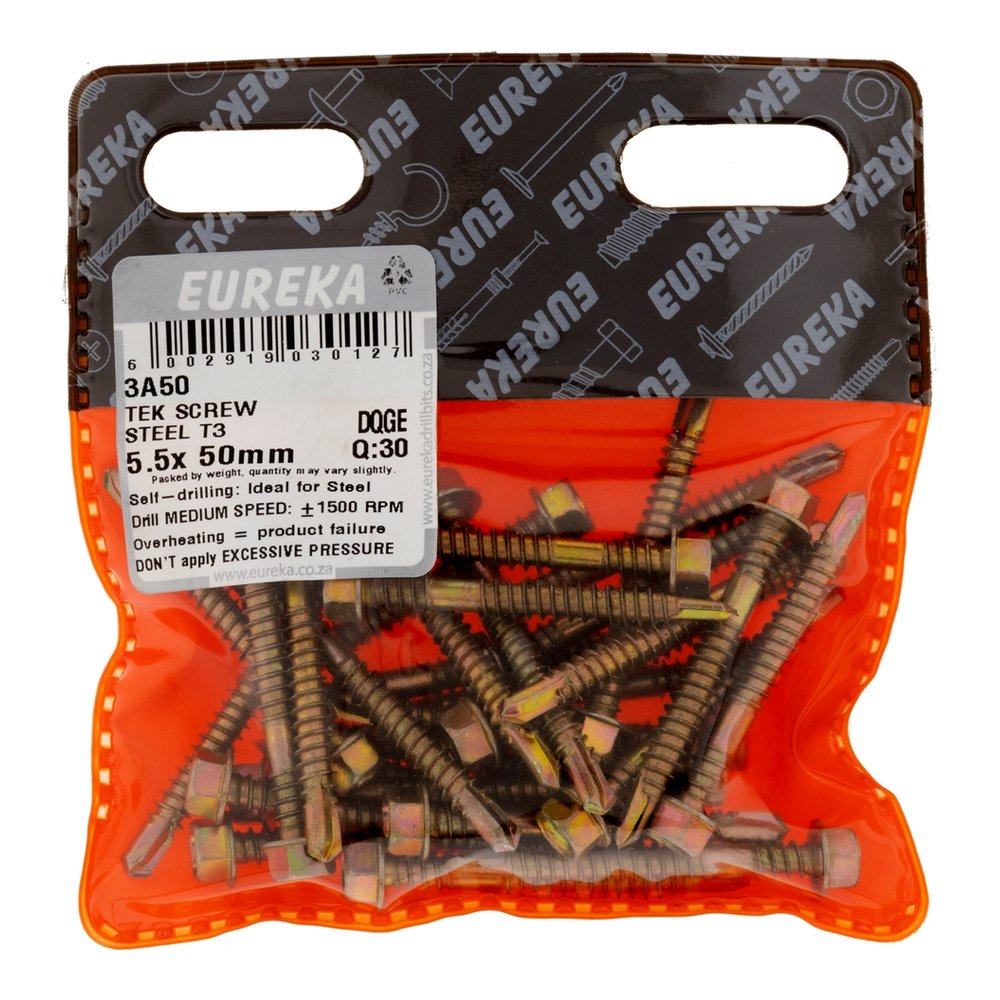 Eureka Tek Screw for Metal, T3 Tip, Dual Thread 5.5 x 50mm – 30 Pack