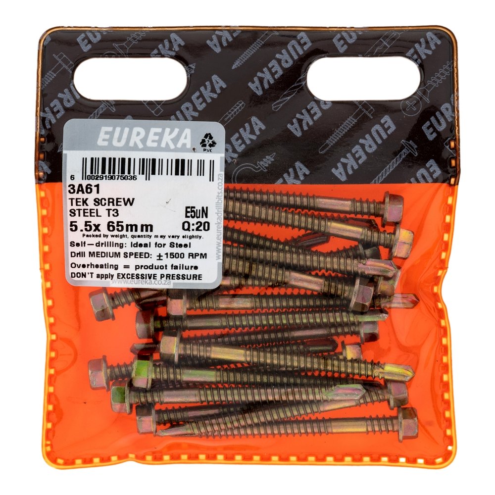 Eureka Tek Screw for Metal, T3 Tip, Dual Thread 5.5 x 65mm – 20 Pack