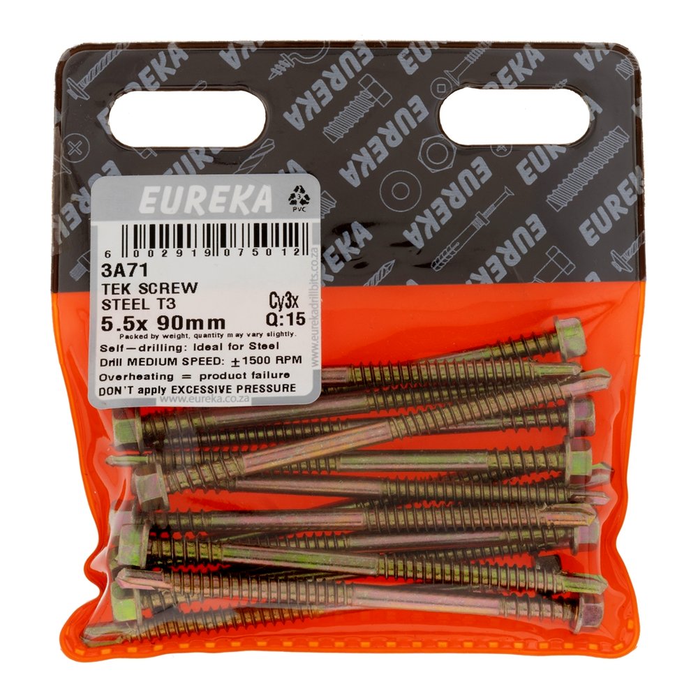 Eureka Tek Screw for Metal, T3 Tip, Dual Thread 5.5 x 90mm – 15 Pack