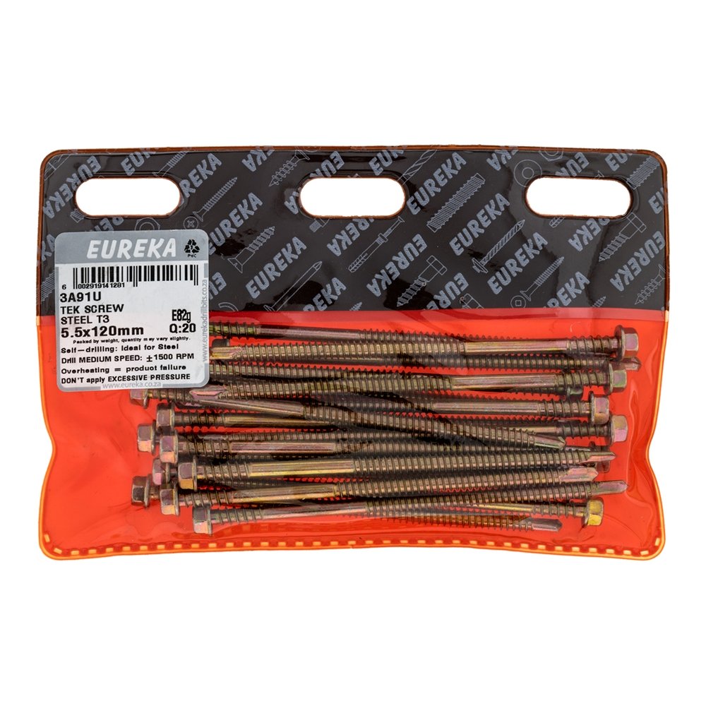 Eureka Tek Screw for Metal, T3 Tip, Dual Thread 5.5 x 120mm – 20 Pack