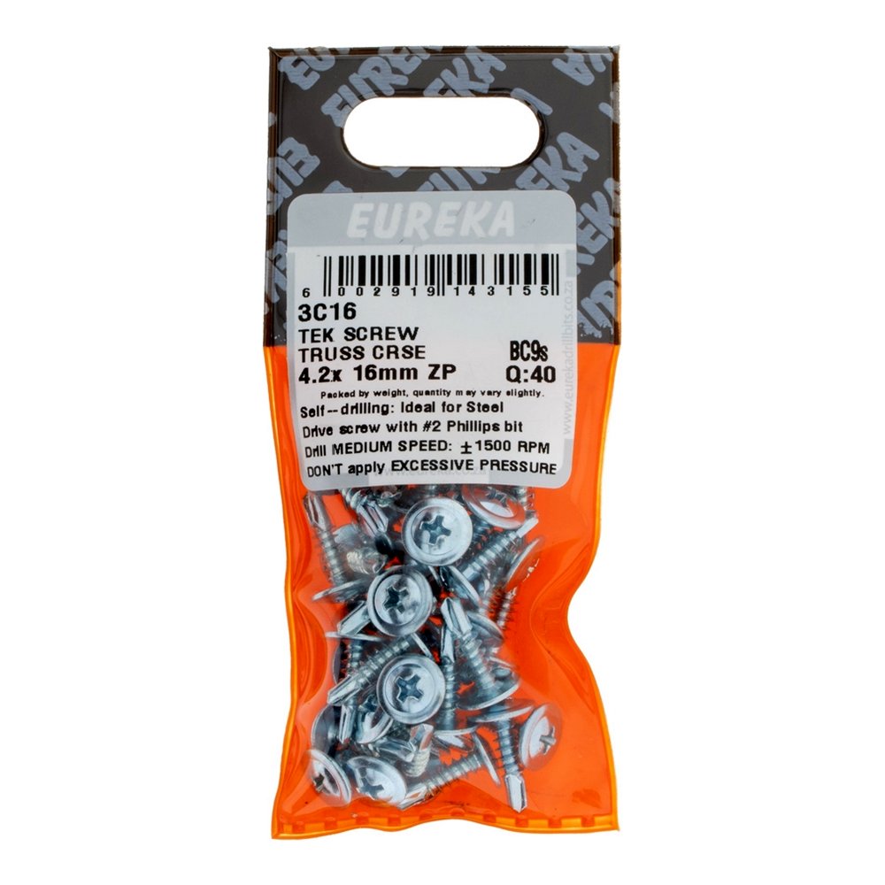 Eureka Truss Head Tek Screw, T2 Tip, Zinc Plated 4.2 x 16mm – 40 Pack