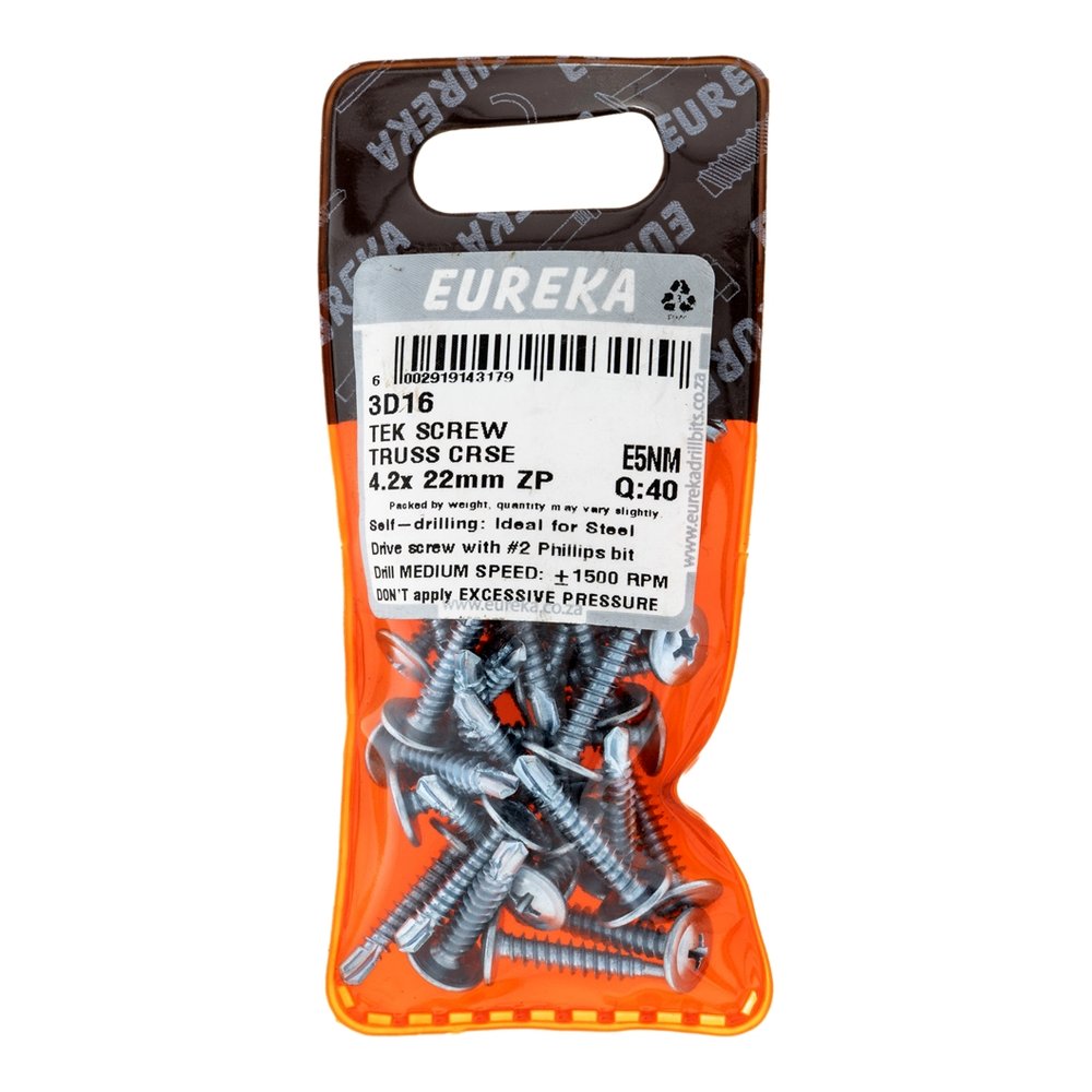 Eureka Truss Head Tek Screw, T2 Tip, Zinc Plated 4.2 x 22mm – 40 Pack