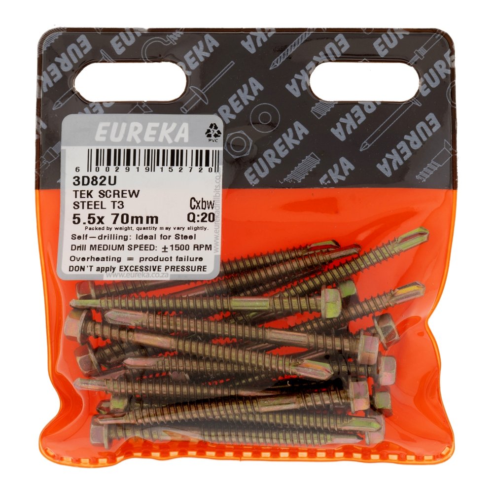 Eureka Tek Screw for Metal, T3 Tip, Dual Thread 5.5 x 70mm – 20 Pack