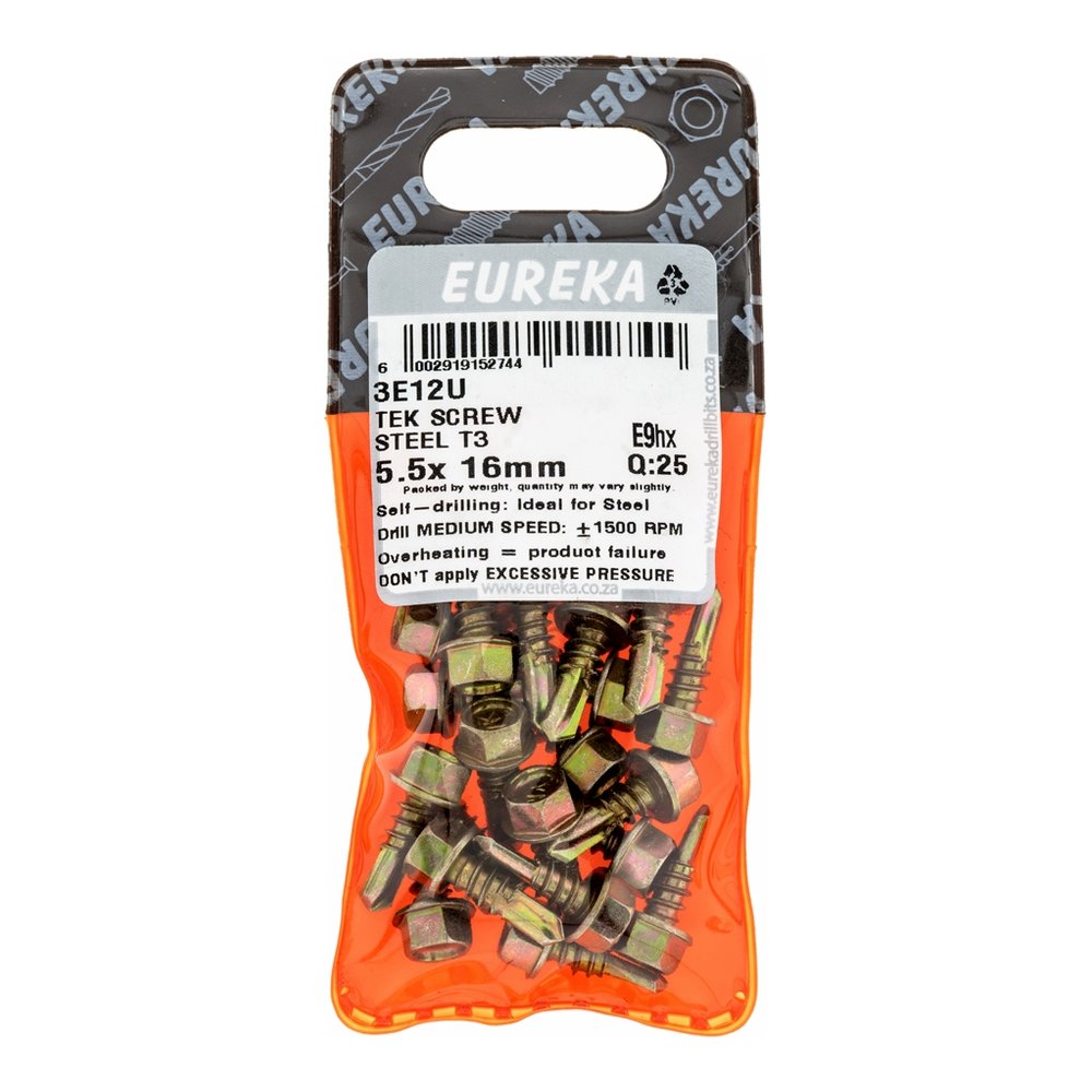 Eureka Tek Screw for Metal, T3 Tip, Dual Thread 5.5 x 16mm – 25 Pack