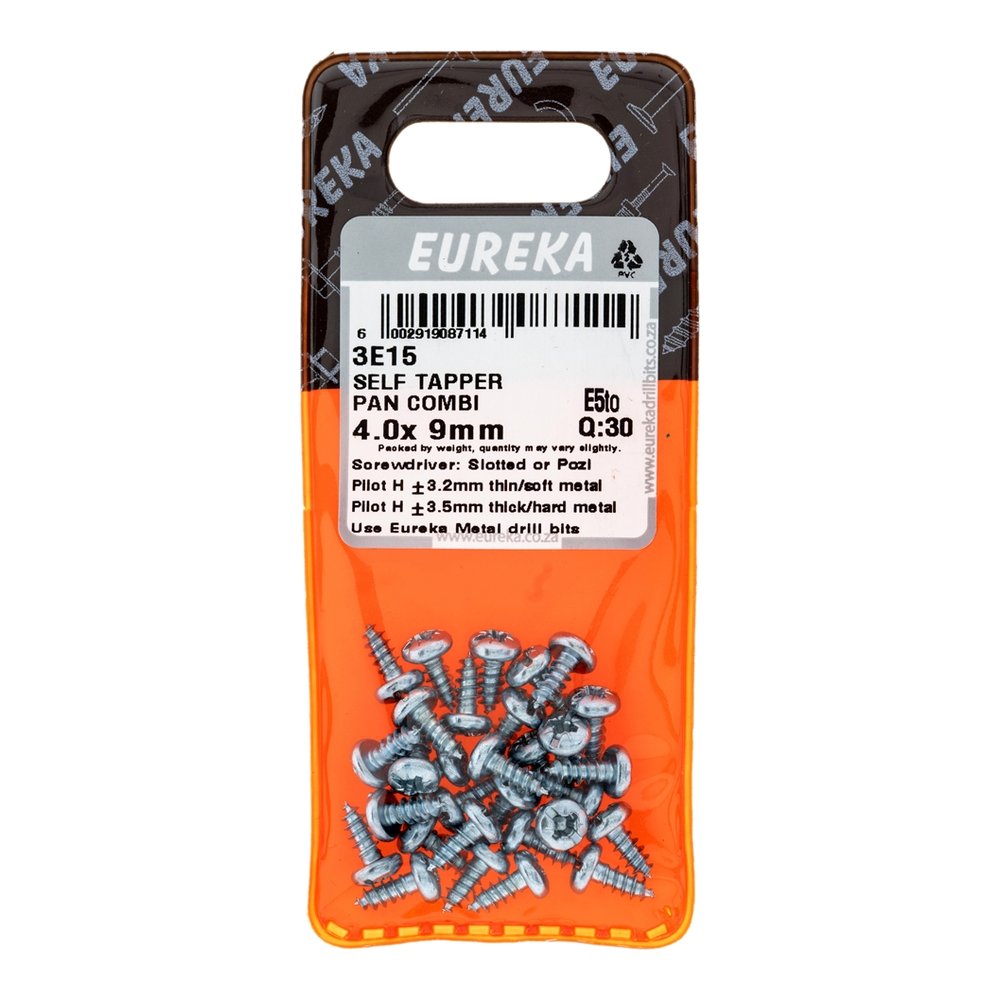 Eureka Self-Tapping Screw, Pan Head, Combi Drive – 4 x 9mm – pack of 30