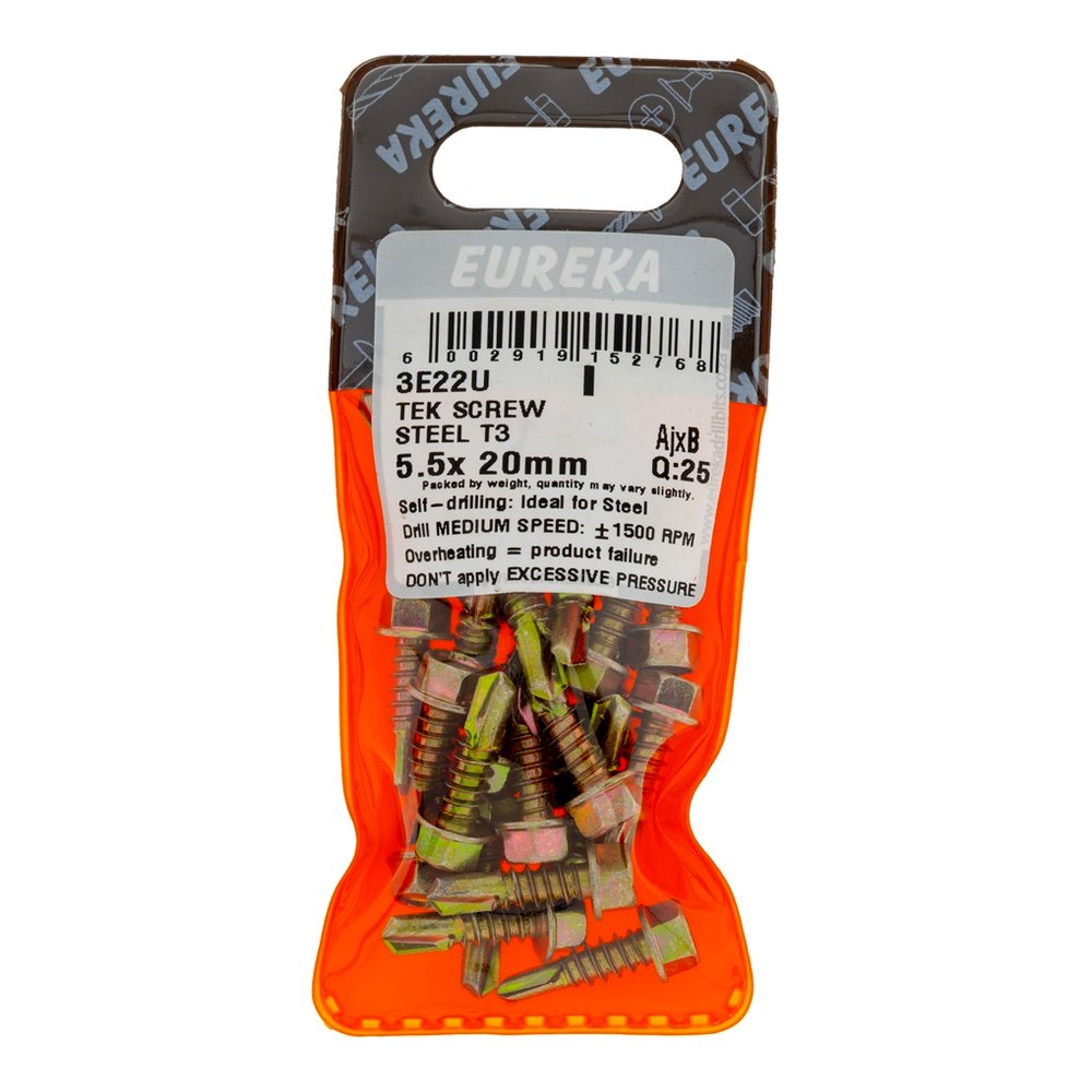 Eureka Tek Screw for Metal, T3 Tip, Dual Thread 5.5 x 20mm – 25 Pack