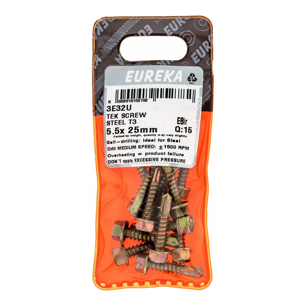 Eureka Tek Screw for Metal, T3 Tip, Dual Thread 5.5 x 25mm – 15 Pack
