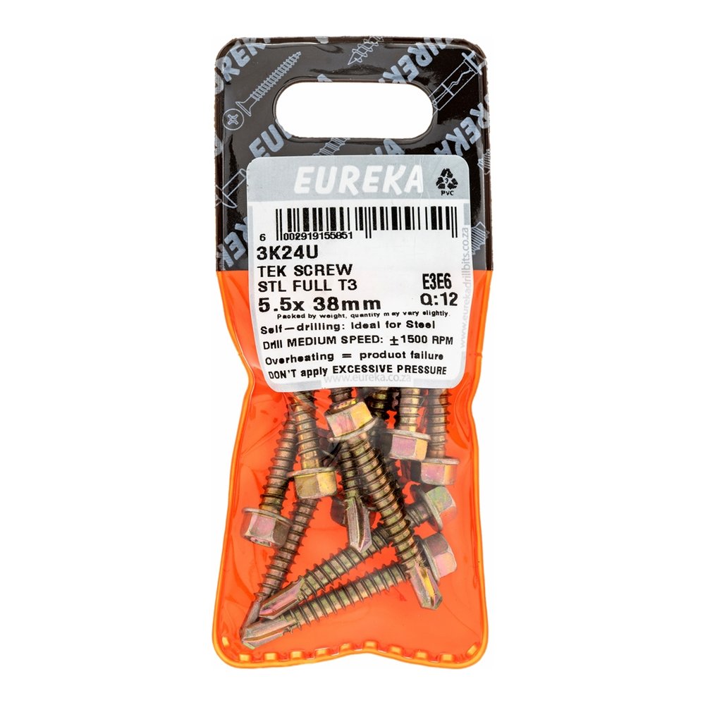 Eureka Tek Screw for Metal, T3 Tip, Full Thread 5.5 x 38mm – 12 Pack