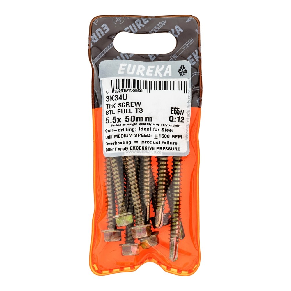Eureka Tek Screw for Metal, T3 Tip, Full Thread 5.5 x 50mm – 12 Pack