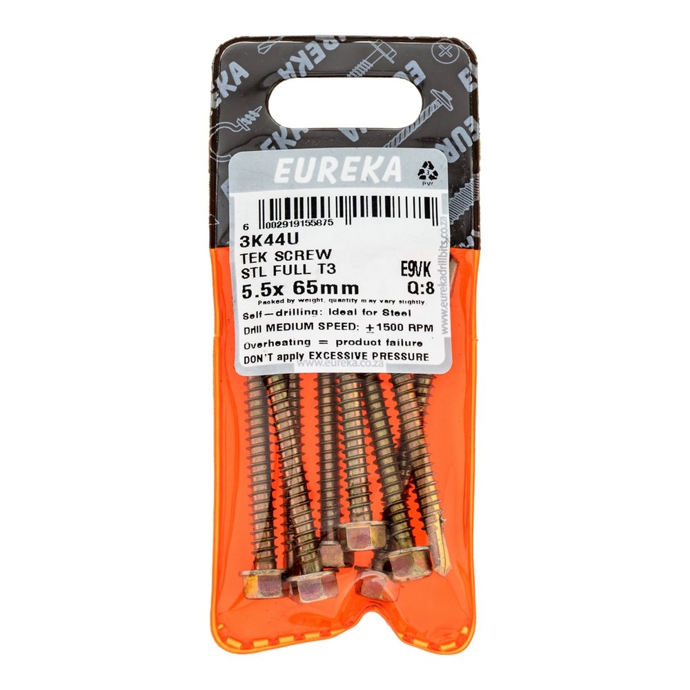 Eureka Tek Screw for Metal, T3 Tip, Full Thread 5.5 x 65mm – 8 Pack
