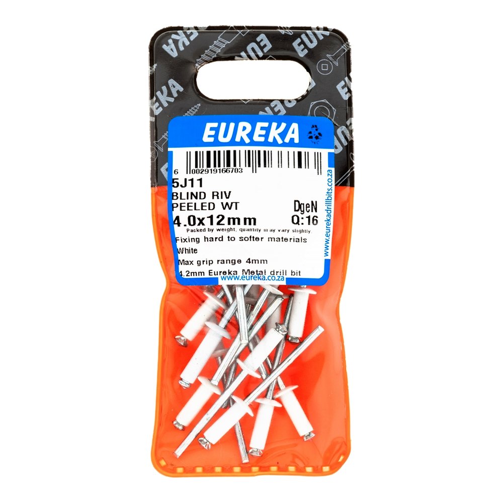 Eureka Peeled Blind Rivet, White, 4 x 12mm – 16 Pack
