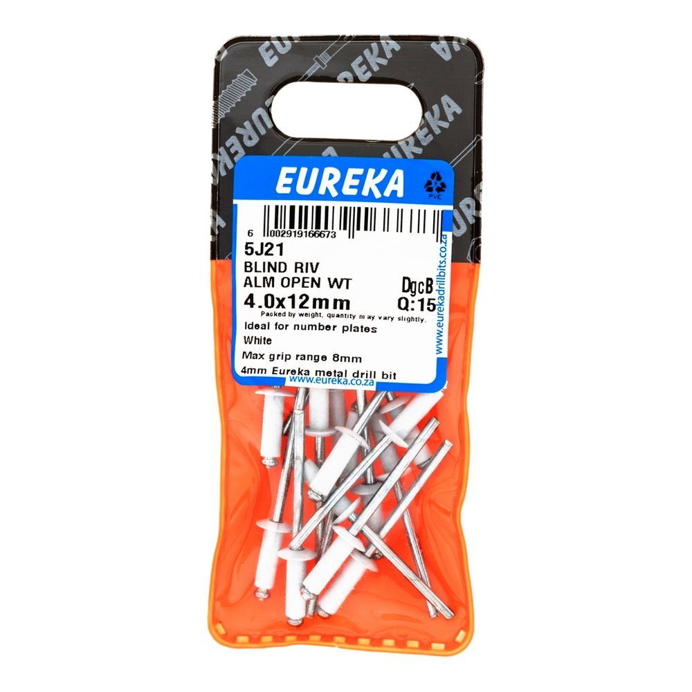 Eureka Open Blind Rivet, Aluminium, White – 4 x 12mm – pack of 15