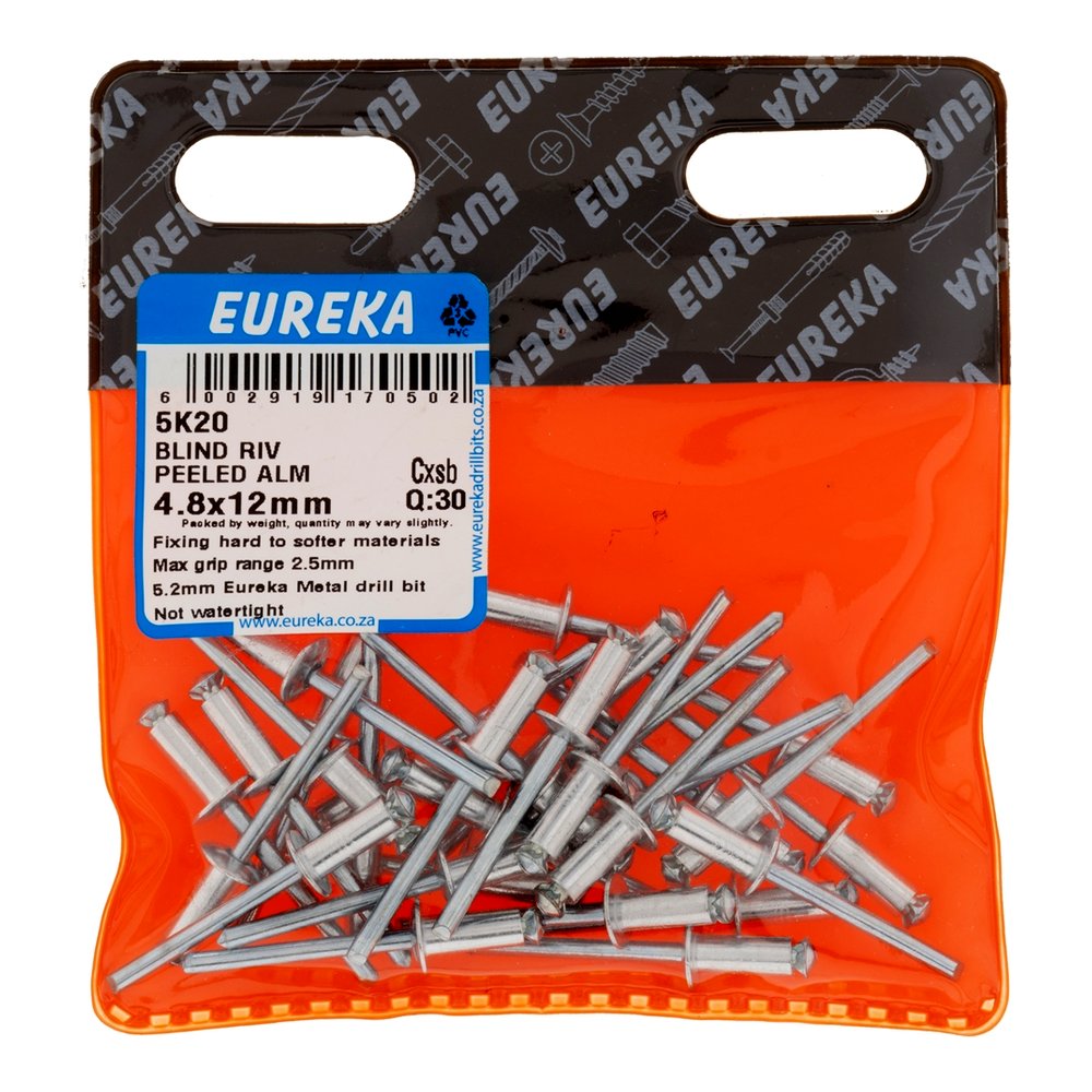 Eureka Peeled Blind Rivet, Aluminium, 4.8mm – 4.8 x 12mm – pack of 30