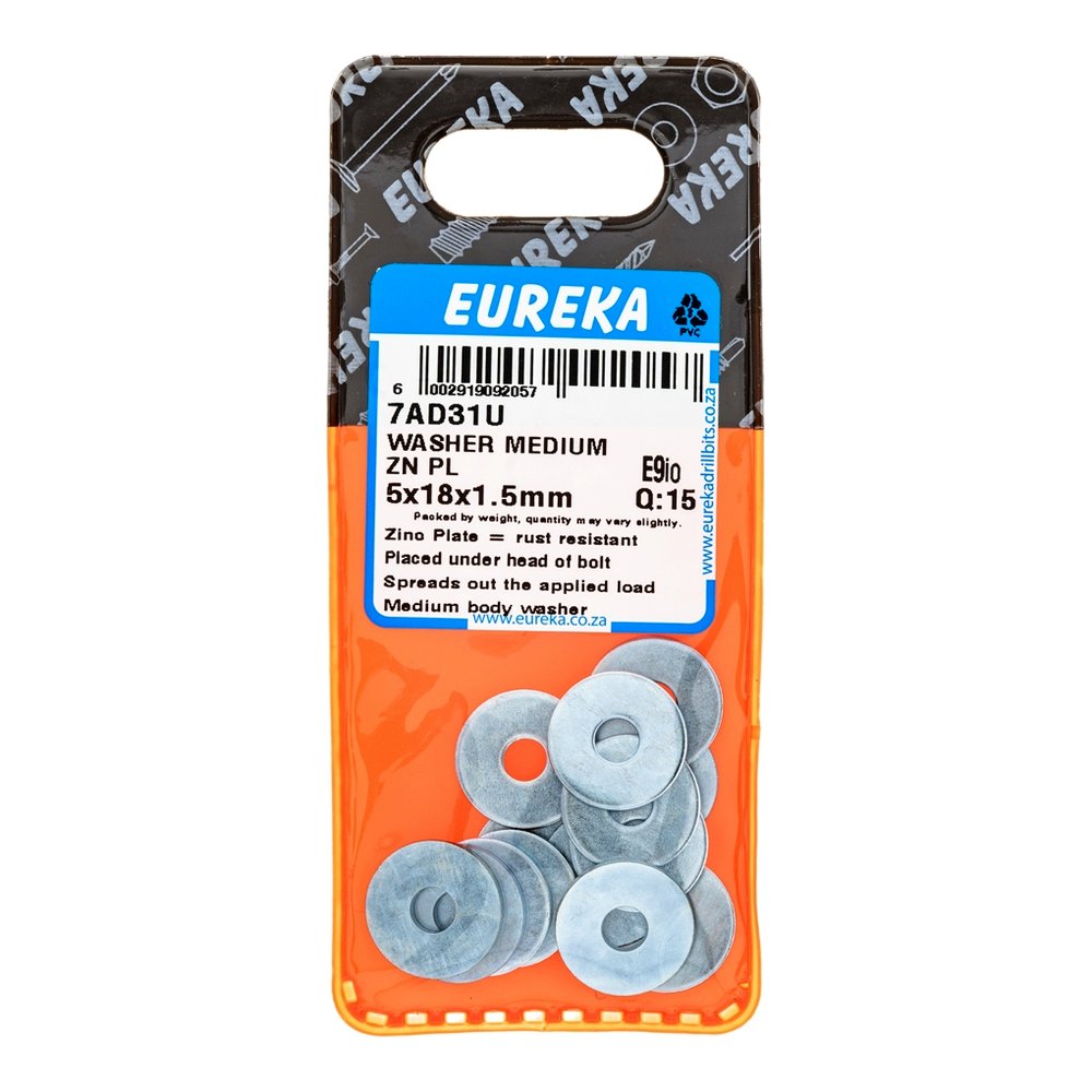 Eureka Flat Washer, Medium Body, Galvanised – 5 x 18 x 1.5mm – pack of 15