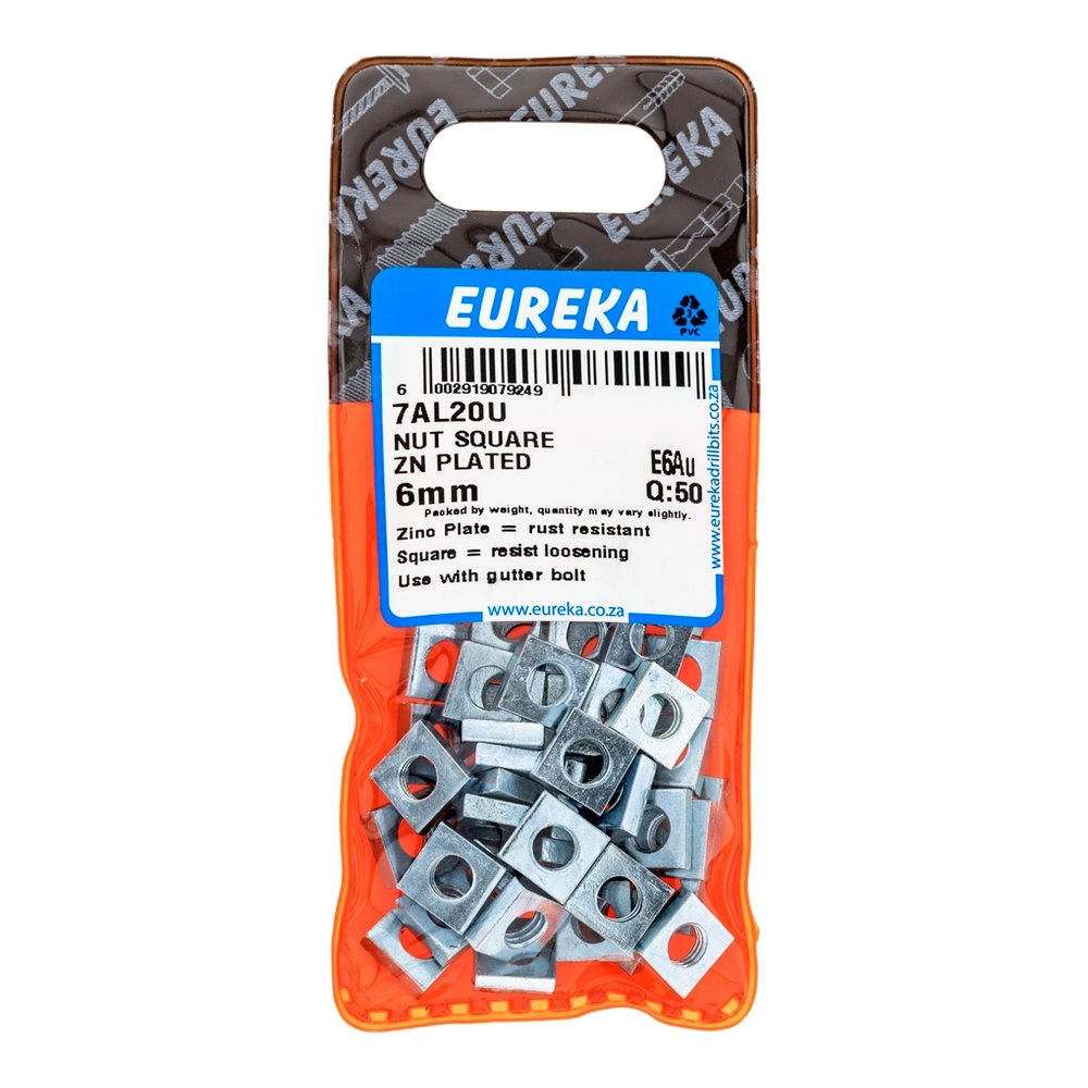 Eureka Square Nut, Zinc Plated, 6mm – 50 Pack