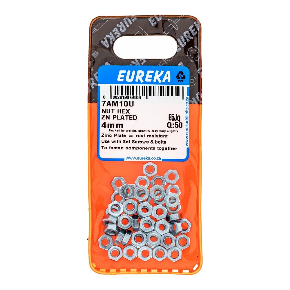 Eureka Hex Nut, Galvanised – 4mm – pack of 50