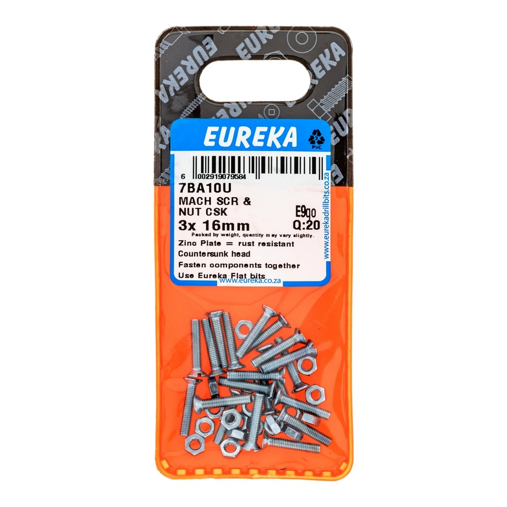 Eureka Countersunk Machine Screw &amp; Nut – 3 x 16mm – pack of 20