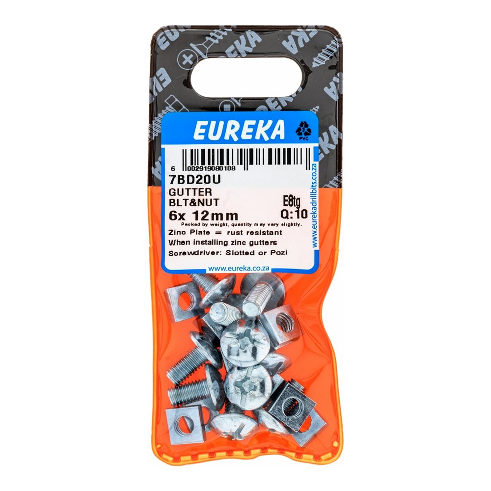 Eureka Gutter Bolt &amp; Nut, Galvanised – 6 x 12mm – pack of 10