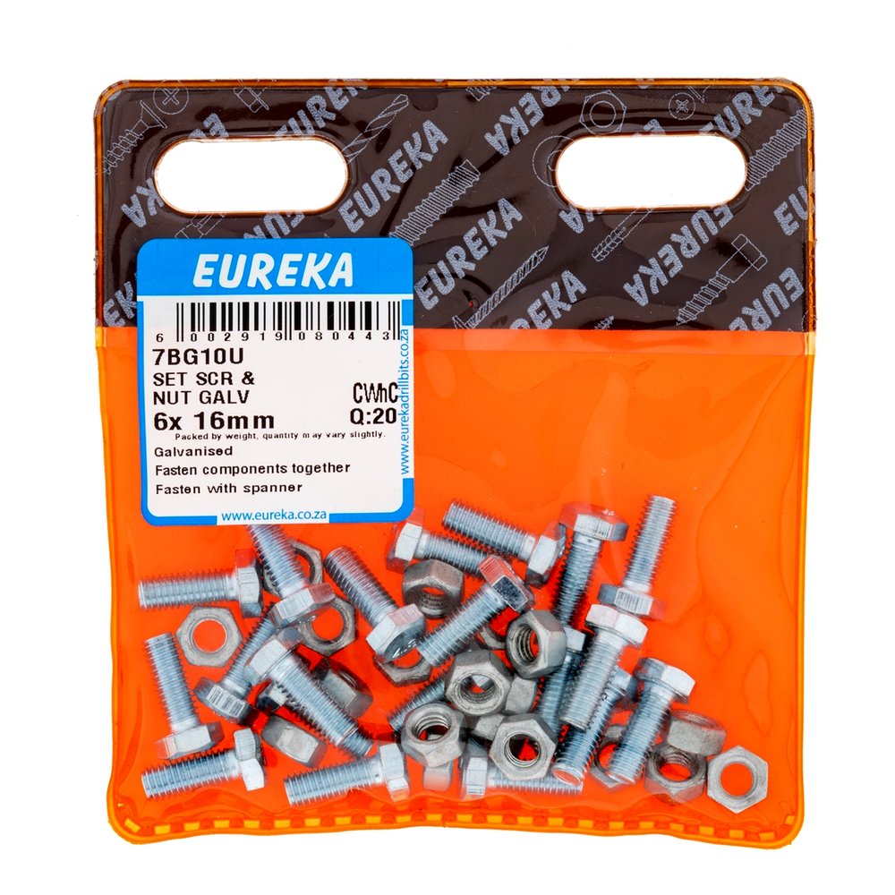 Eureka Set Screw & Nut, Galvanised – 6 x 16mm – pack of 20