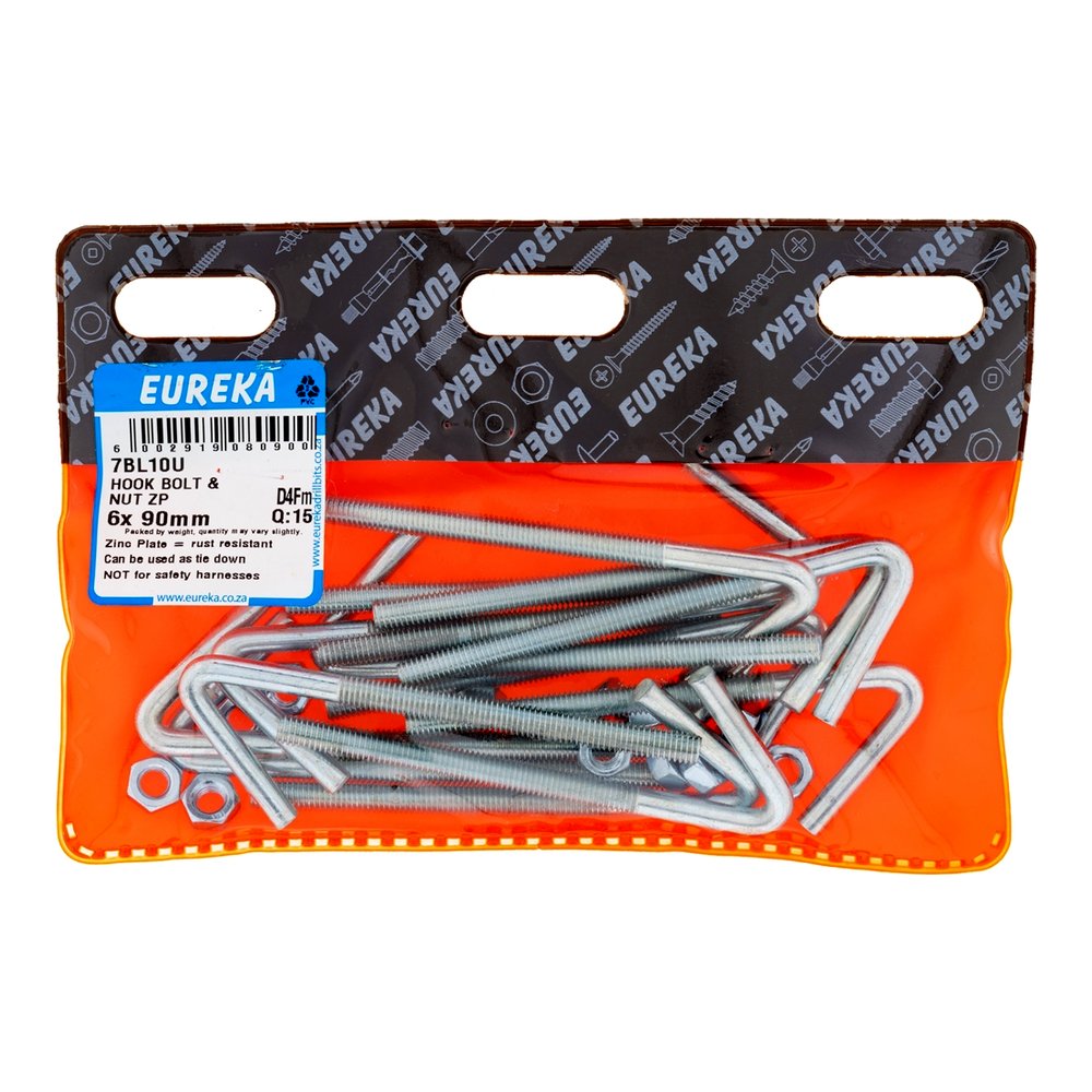 Eureka Hook Bolt & Nut, Galvanised, 6 x 90mm – 15 Pack