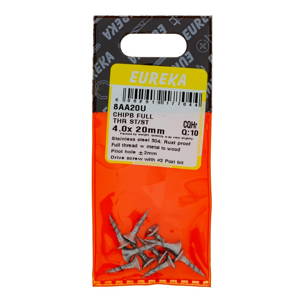 Eureka Chipboard Screw, Full Thread, Pozi, Stainless Steel – 4 x 20mm – pack of 10