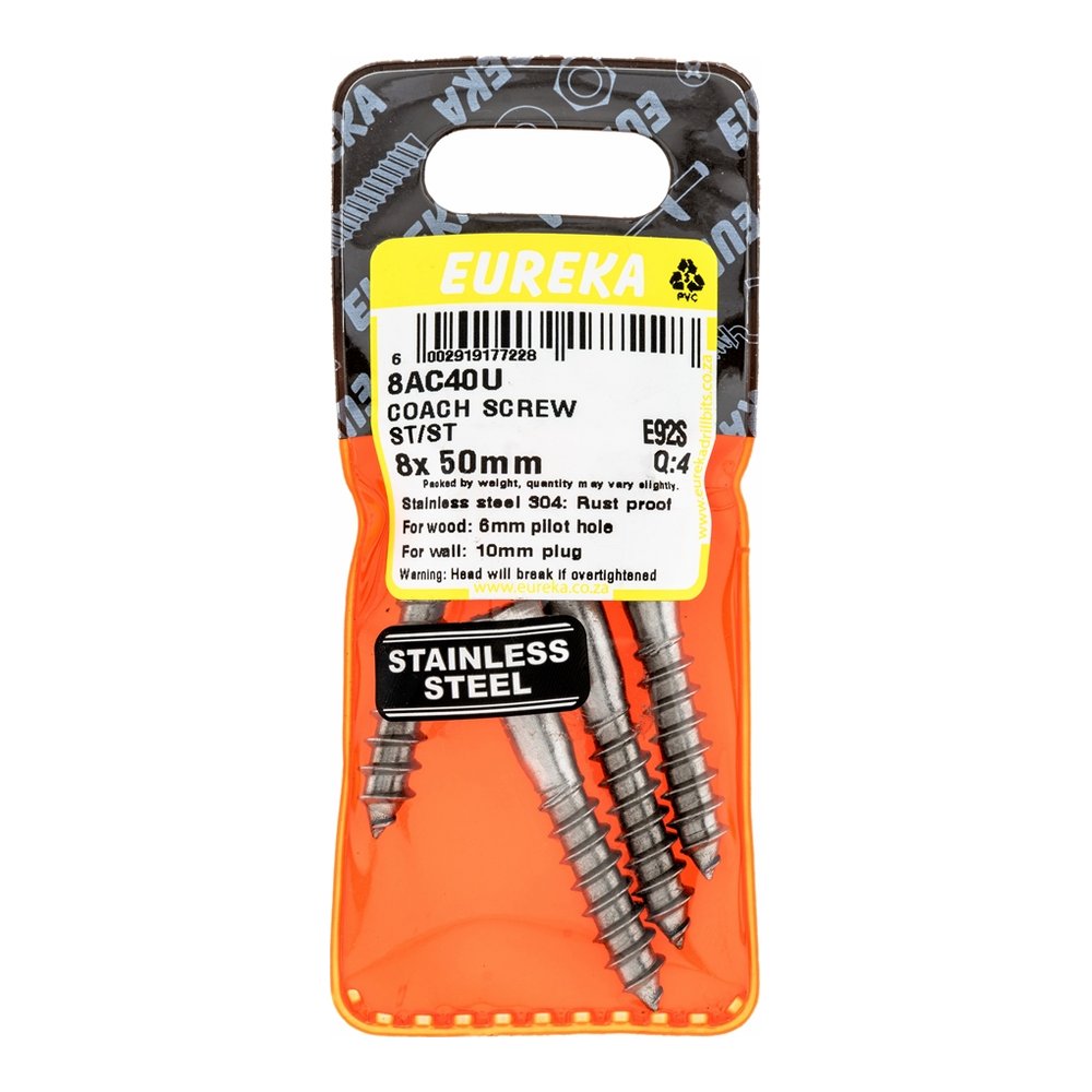 Eureka Coach Screw, Stainless Steel 8 x 50mm – 4 Pack