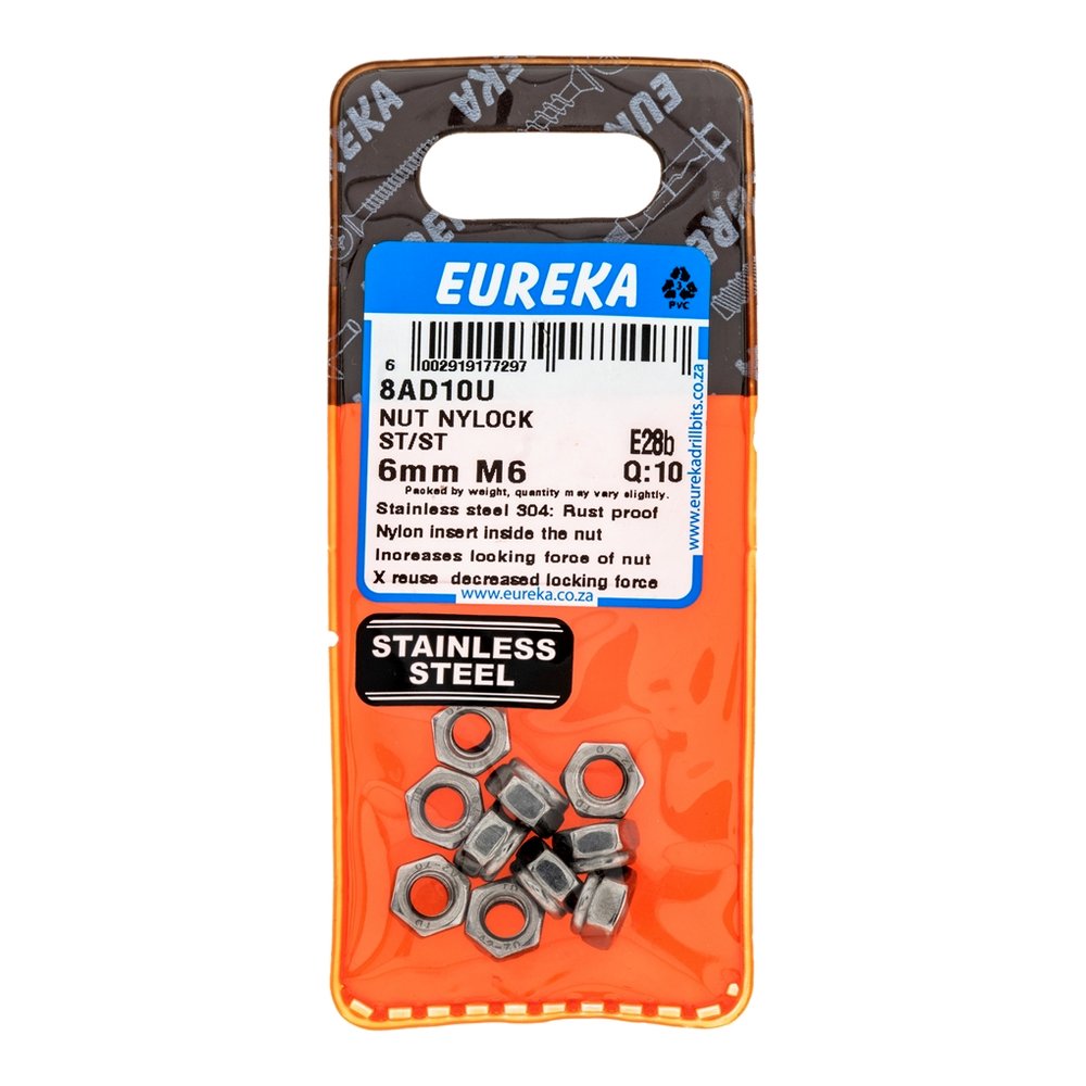 Eureka Nylock Nut, Stainless Steel – 6mm M6 – pack of 10