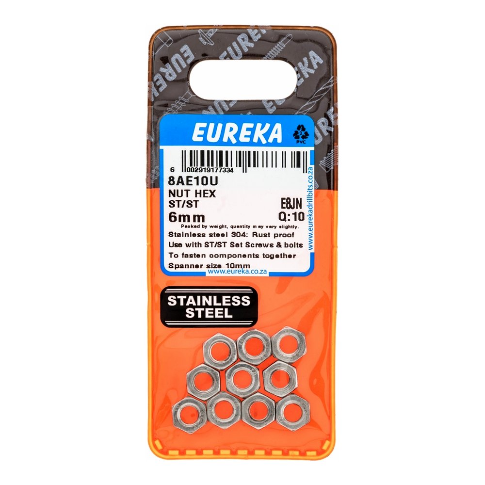 Eureka Hex Nut, Stainless Steel – 6mm – pack of 10