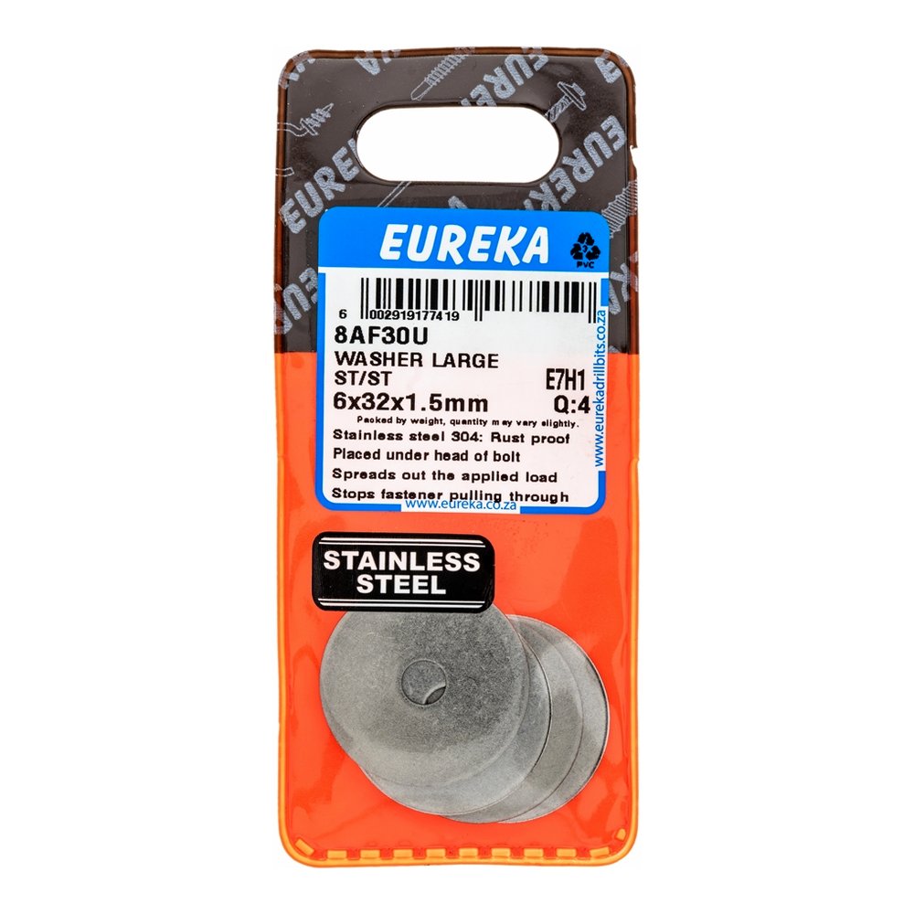 Eureka Flat Washer, Large Body, Stainless Steel – 6 x 32 x 1.5mm – pack of 4