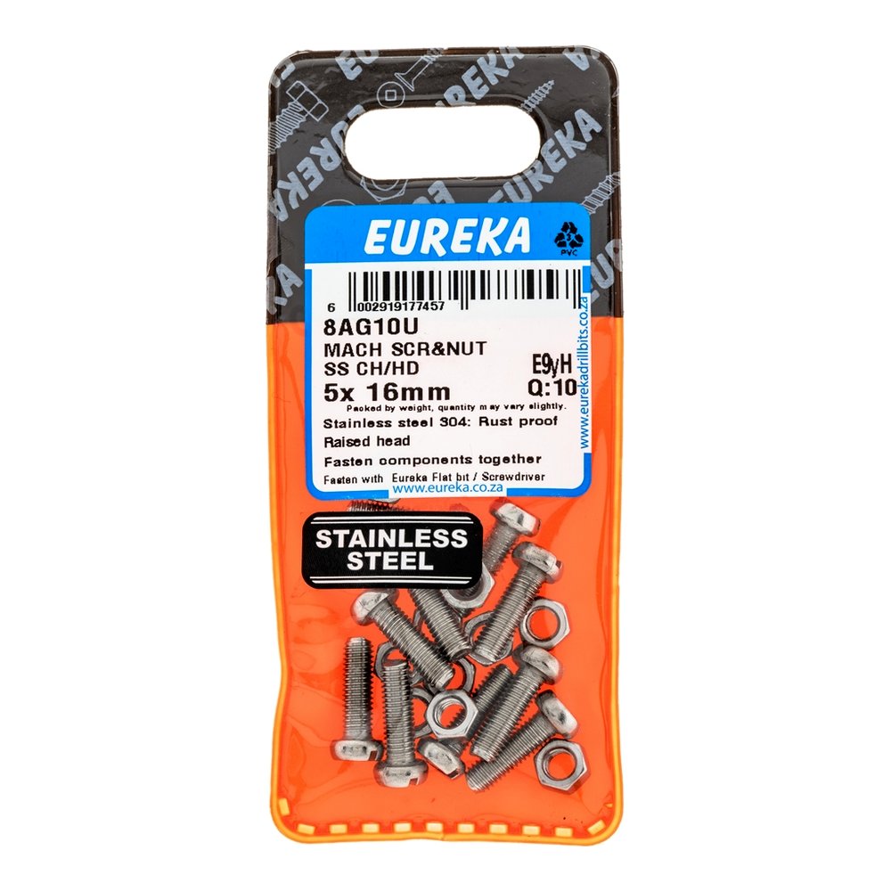 Eureka Cheese Head Machine Screw & Nut, Stainless Steel – 5 x 16mm – pack of 10