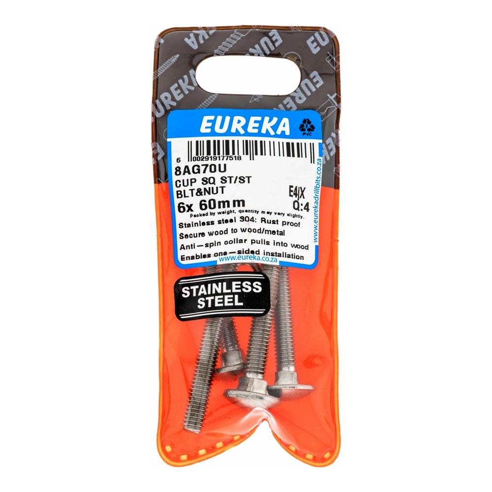 Eureka Cup Square Bolt &amp; Nut, Stainless Steel 6 x 60mm – 4 Pack