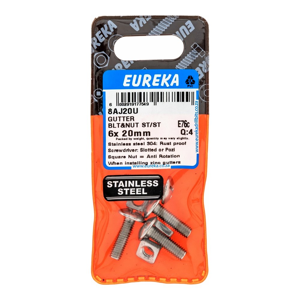 Eureka Gutter Bolt & Nut, Stainless Steel – 6 x 20mm – pack of 4