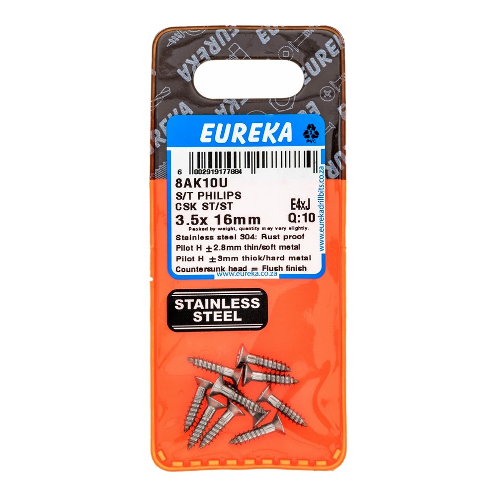 Eureka Self-Tapping Screw, Countersunk, Stainless Steel – 3.5 x 16mm – pack of 10
