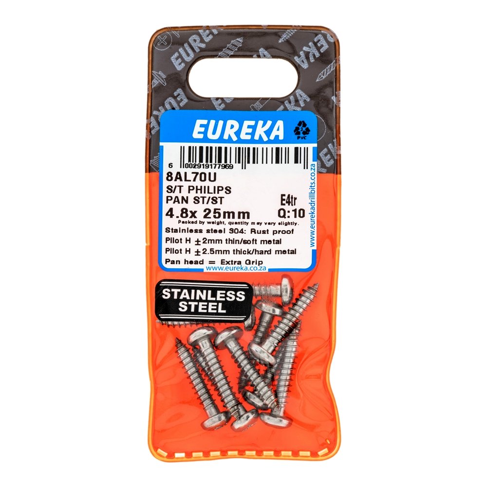 Eureka Self-Tapping Screw, Pan Head, Stainless Steel 4.8 x 25mm – 10 Pack