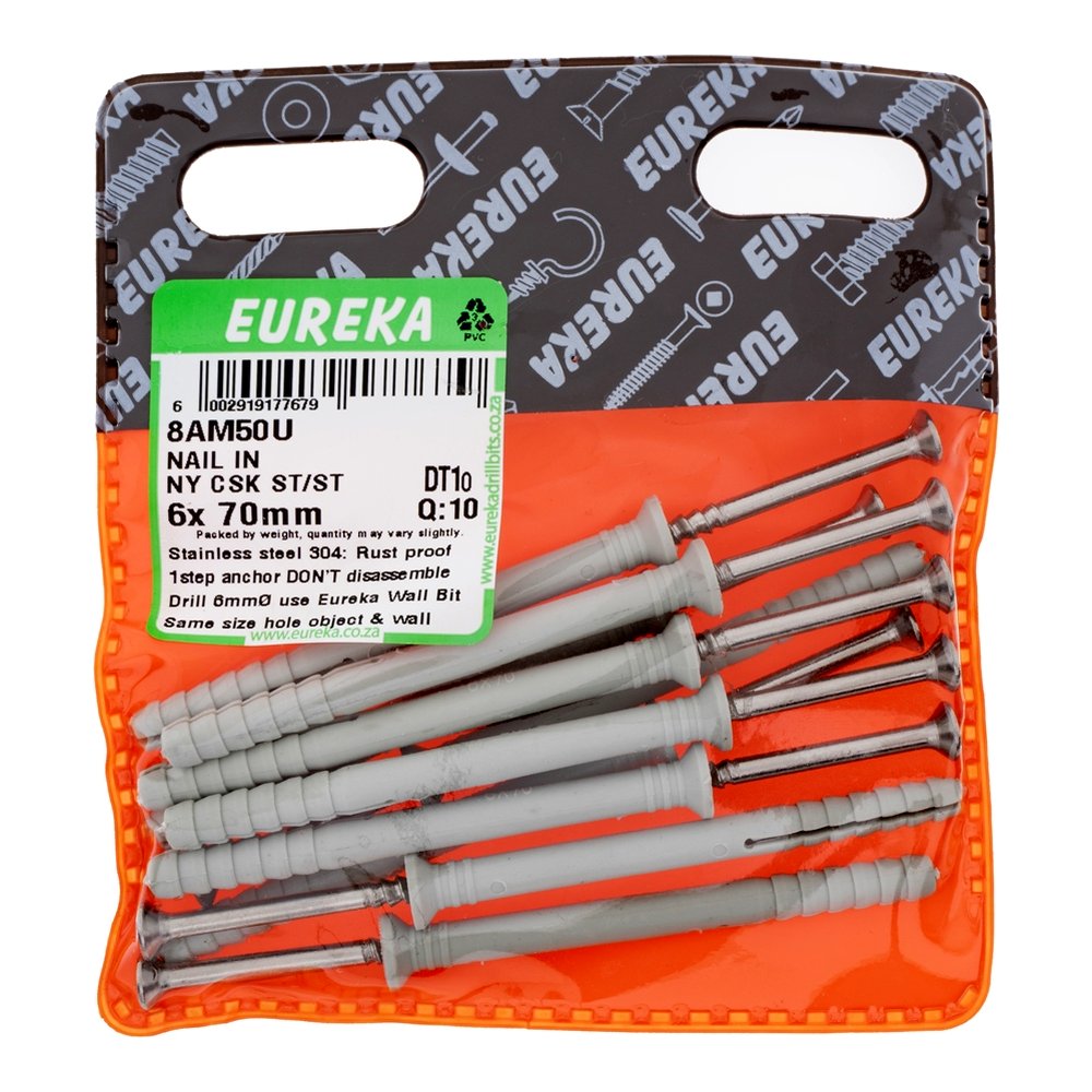 Eureka Nail-In Anchor, Stainless Steel, Nylon Countersunk – 6 x 70mm – pack of 10