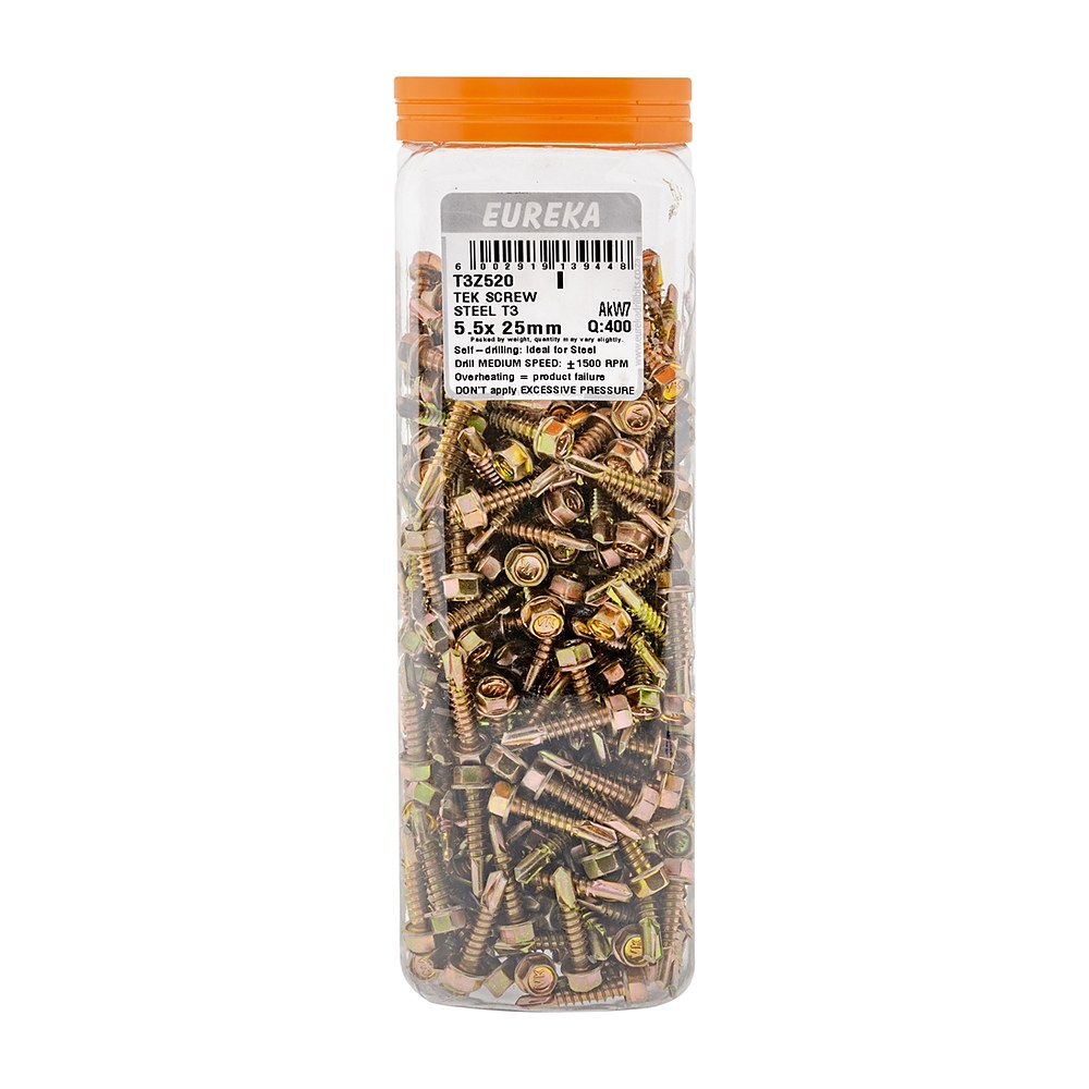 Eureka Tek Screw for Metal, T3 Tip, Dual Thread 5.5 x 25mm – 400 Pack