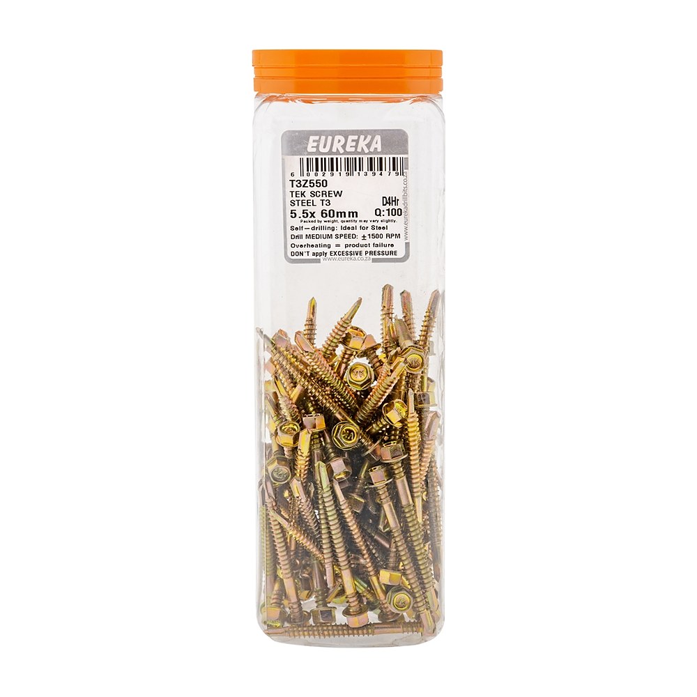 Eureka Tek Screw for Metal, T3 Tip, Dual Thread 5.5 x 60mm – 100 Pack