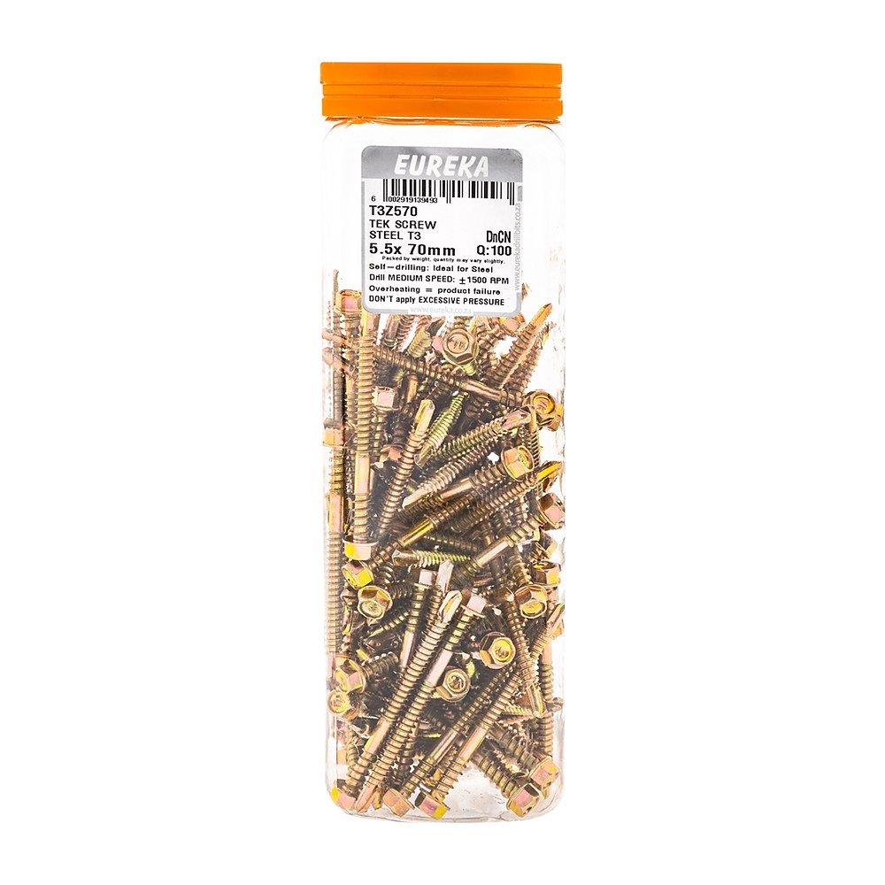 Eureka Tek Screw for Metal, T3 Tip, Dual Thread 5.5 x 70mm – 100 Pack