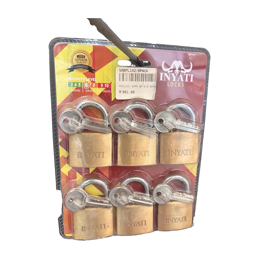 Brass Padlock 40mm, Keyed Alike 6 Pack